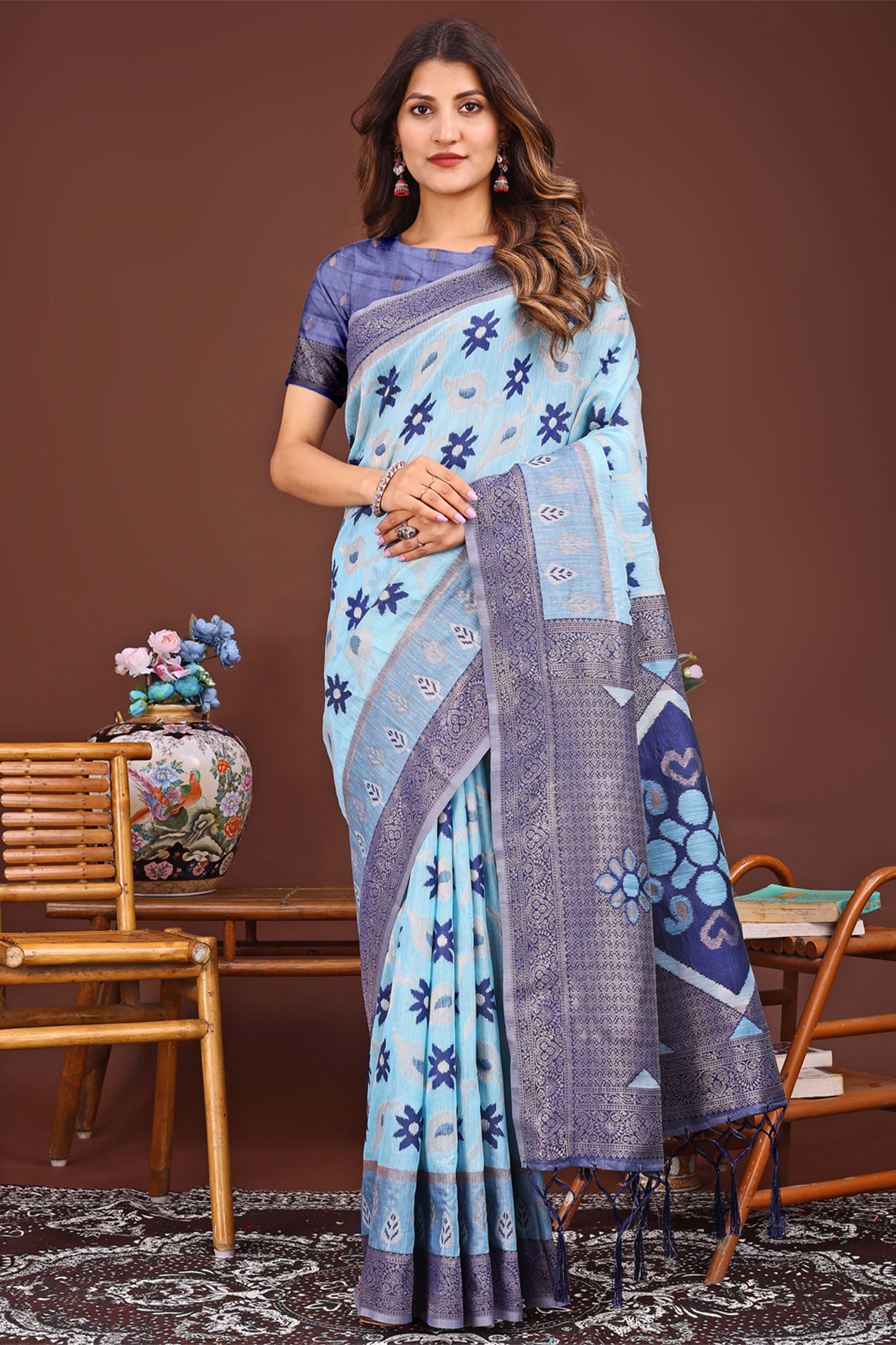 Sky Blue Ethnic Saree in Linen Cotton Fabric with Intricate Floral Pattern Weaving