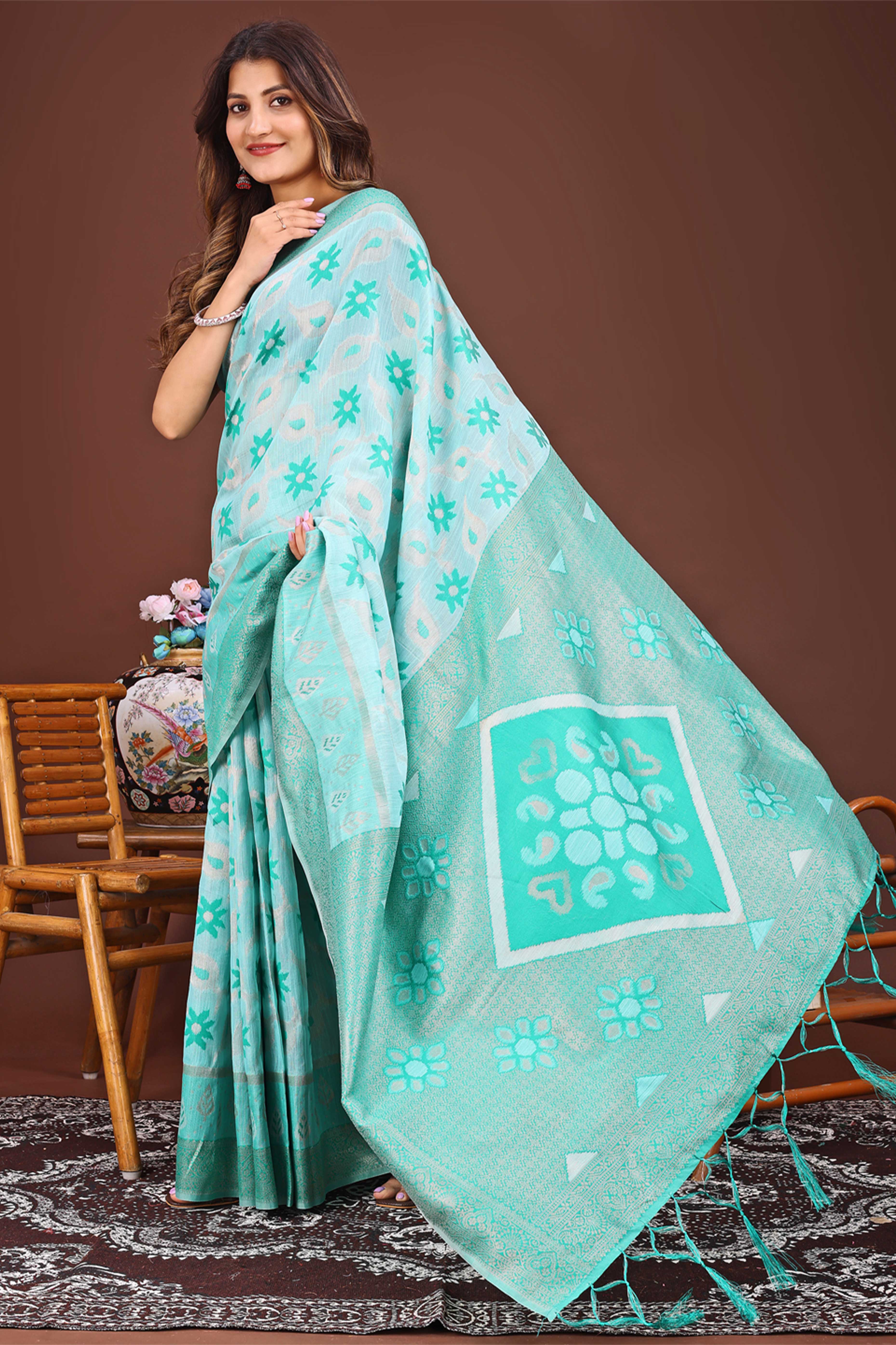 Sea Green Ethnic Saree in Linen Cotton Fabric with Intricate Floral Pattern Weaving