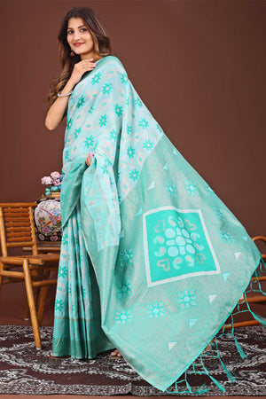 Sea Green Ethnic Saree in Linen Cotton Fabric with Intricate Floral Pattern Weaving