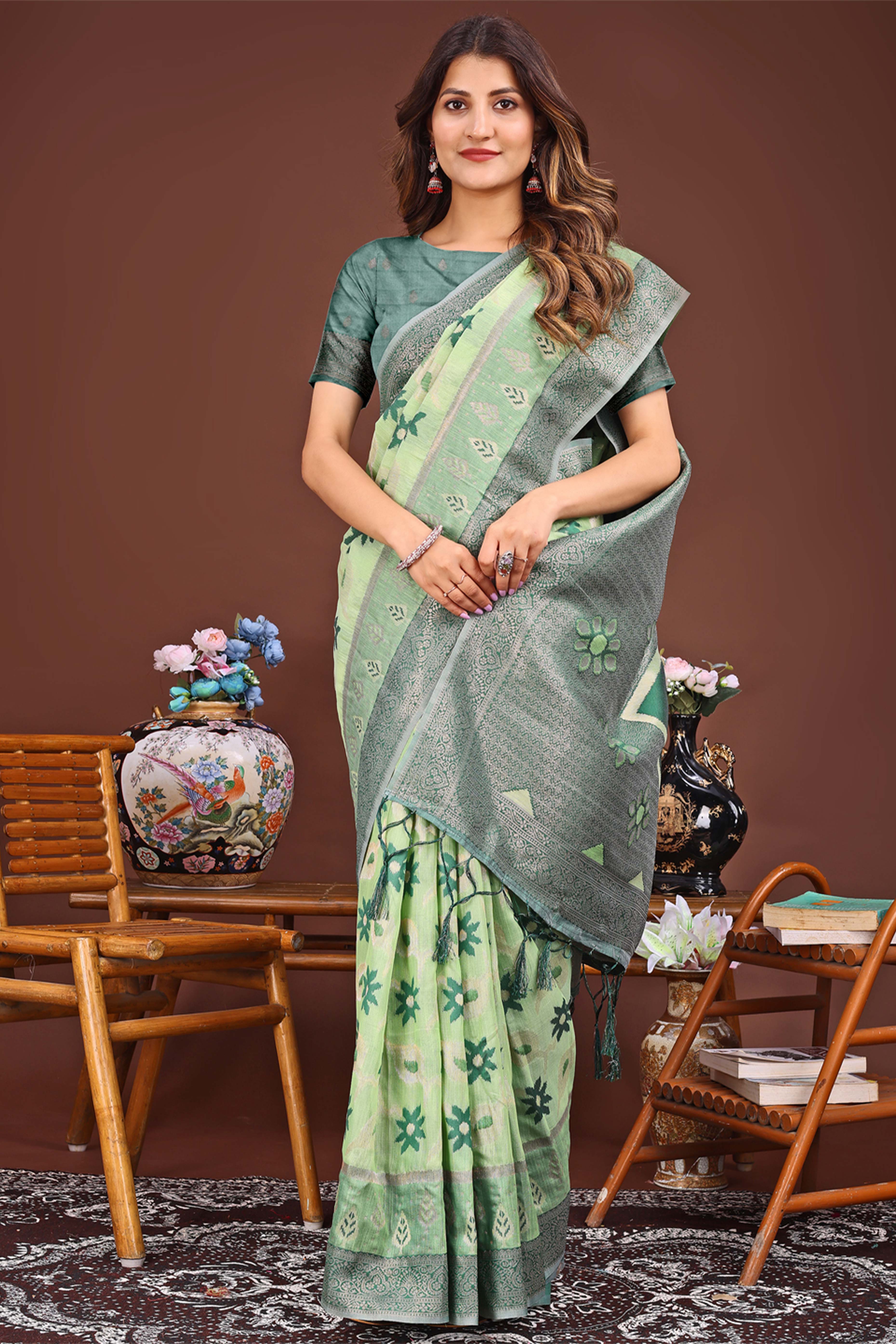 Light Green Ethnic Saree in Linen Cotton Fabric with Intricate Floral Pattern Weaving