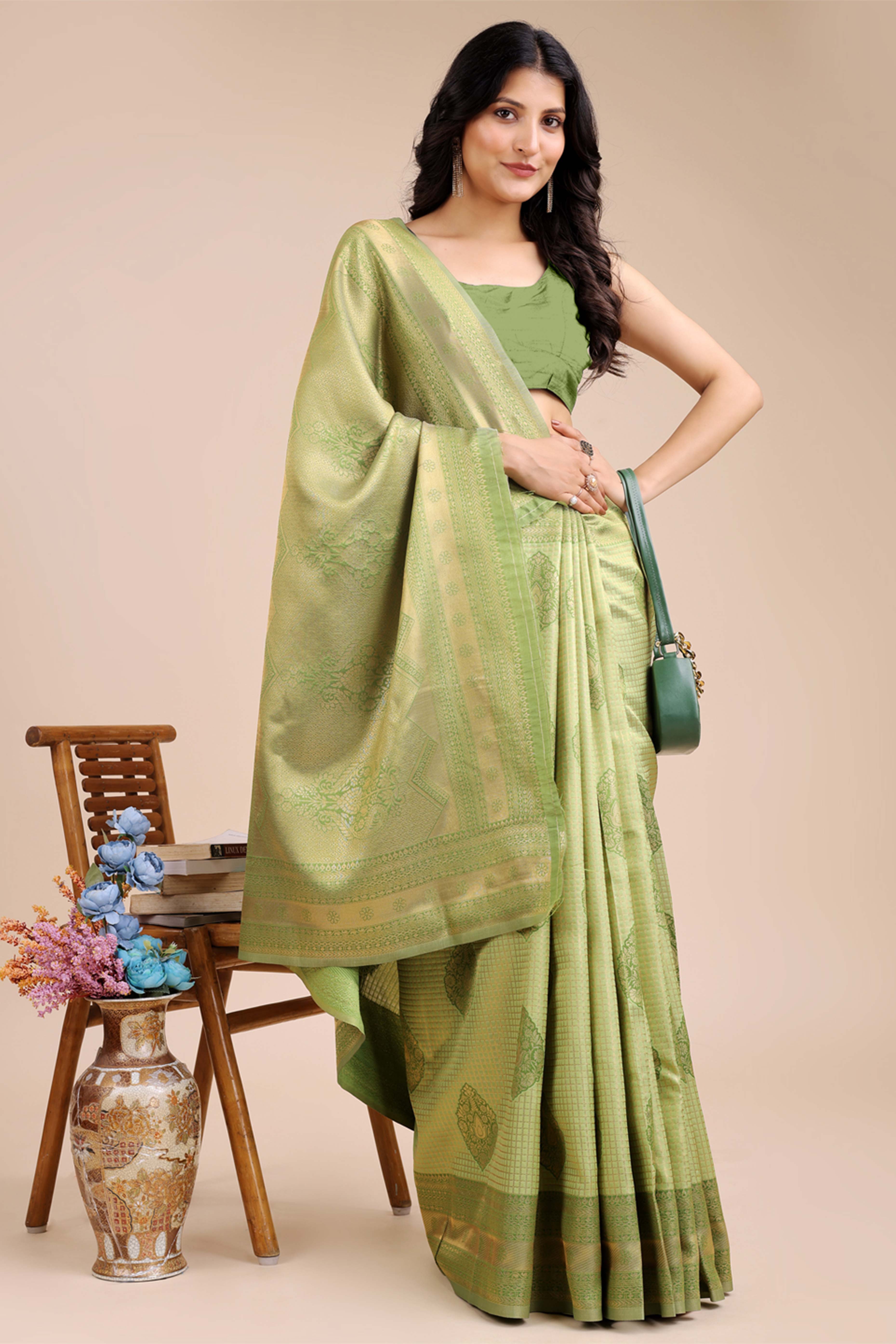 Light Green Saree in Pure Banarasi Silk with Intricate Zari Borders and Motifs