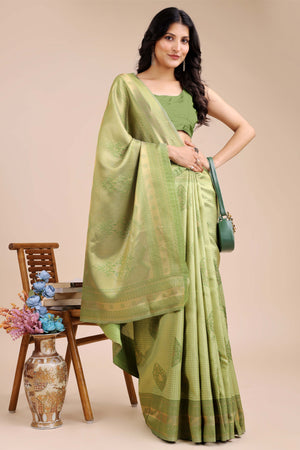 Light Green Saree in Pure Banarasi Silk with Intricate Zari Borders and Motifs