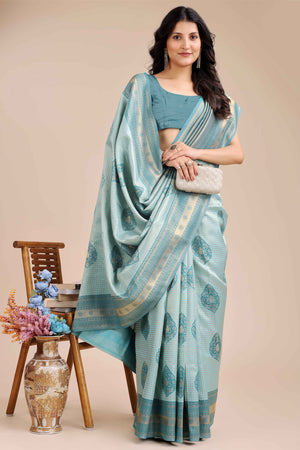 Sea Green Saree in Pure Banarasi Silk with Intricate Zari Borders and Motifs