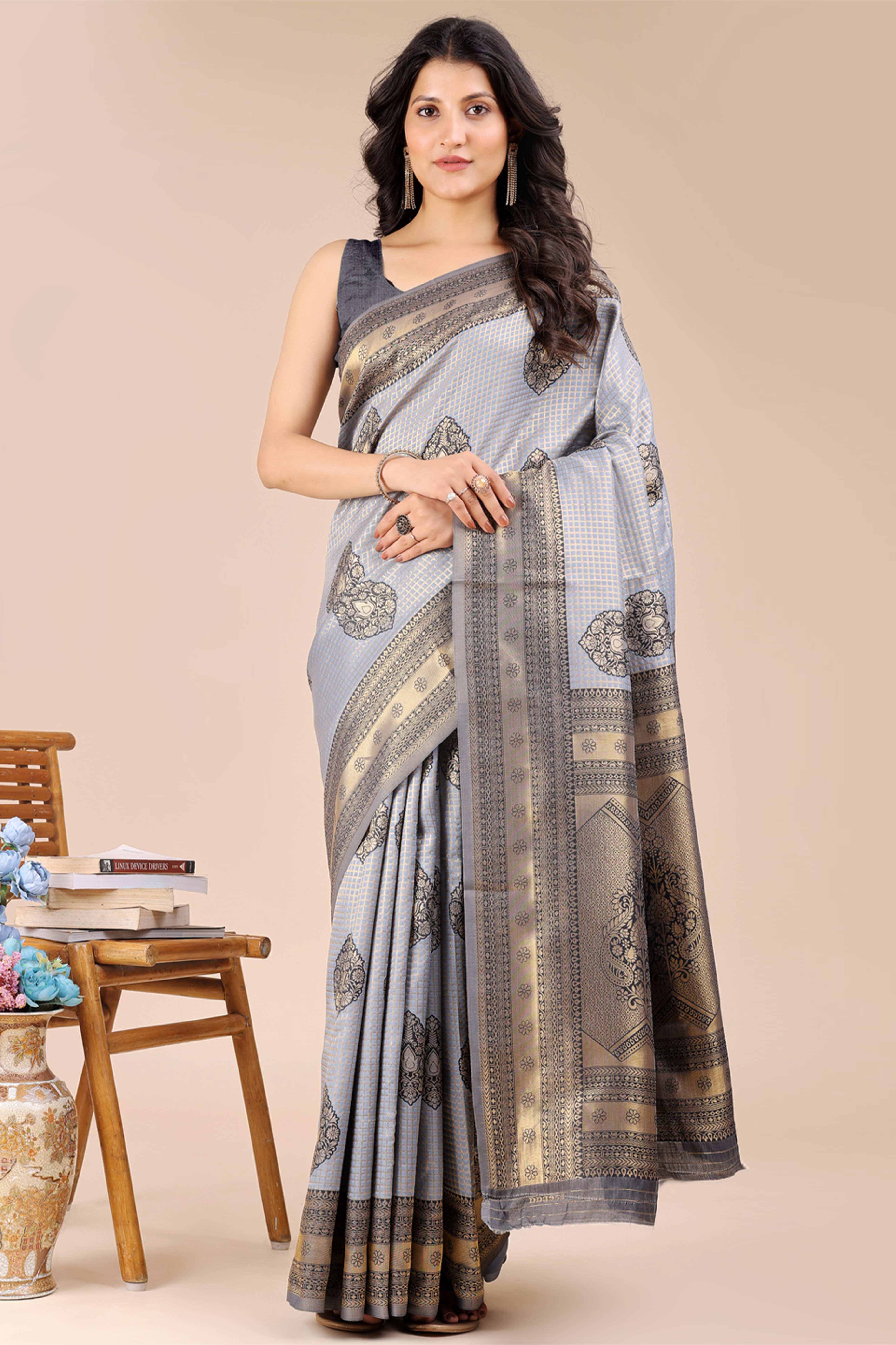 Grey Saree in Pure Banarasi Silk with Intricate Zari Borders and Motifs