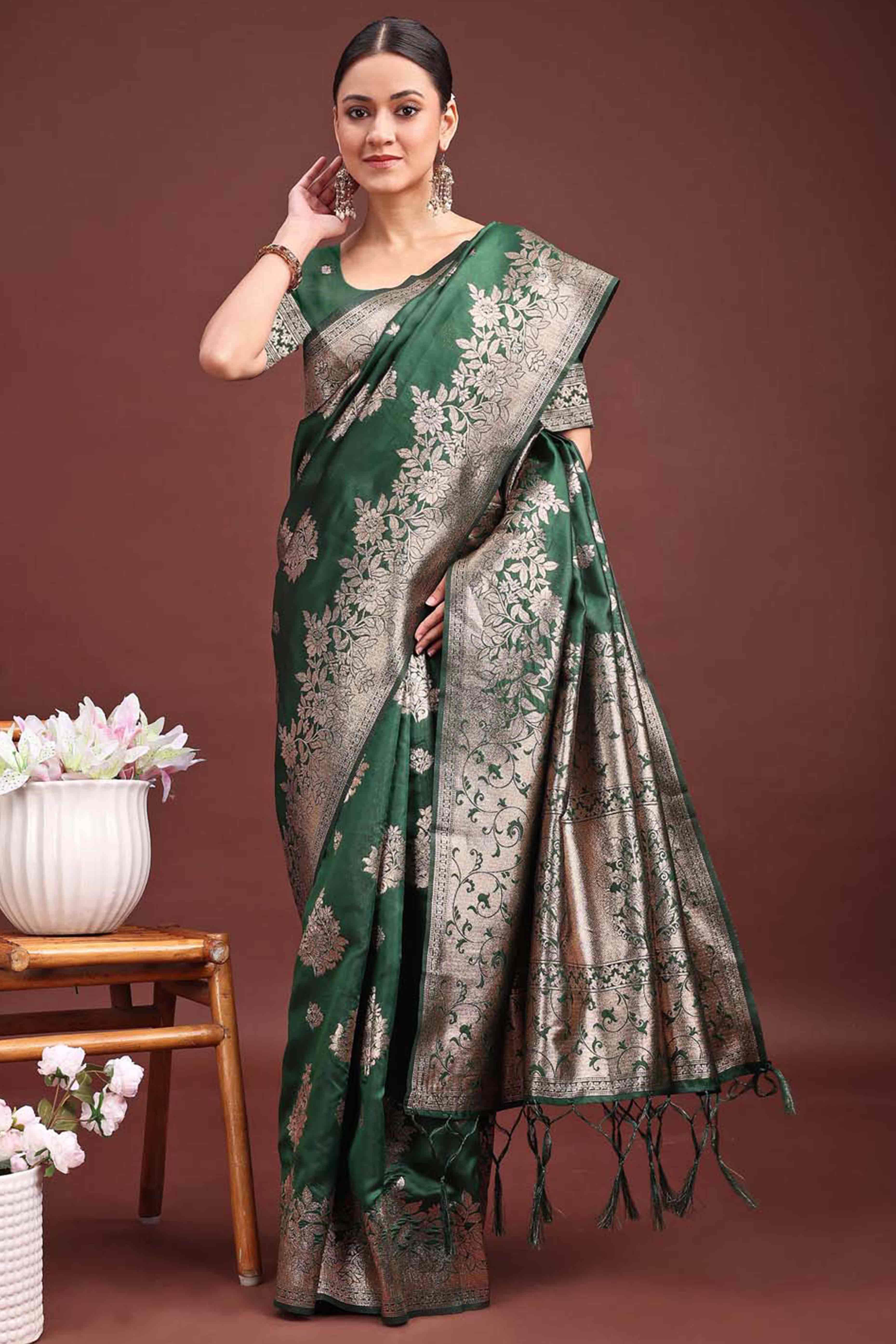 Dark Green Banarasi Silk Saree With Floral Zari Weaving & Elegant Tassels