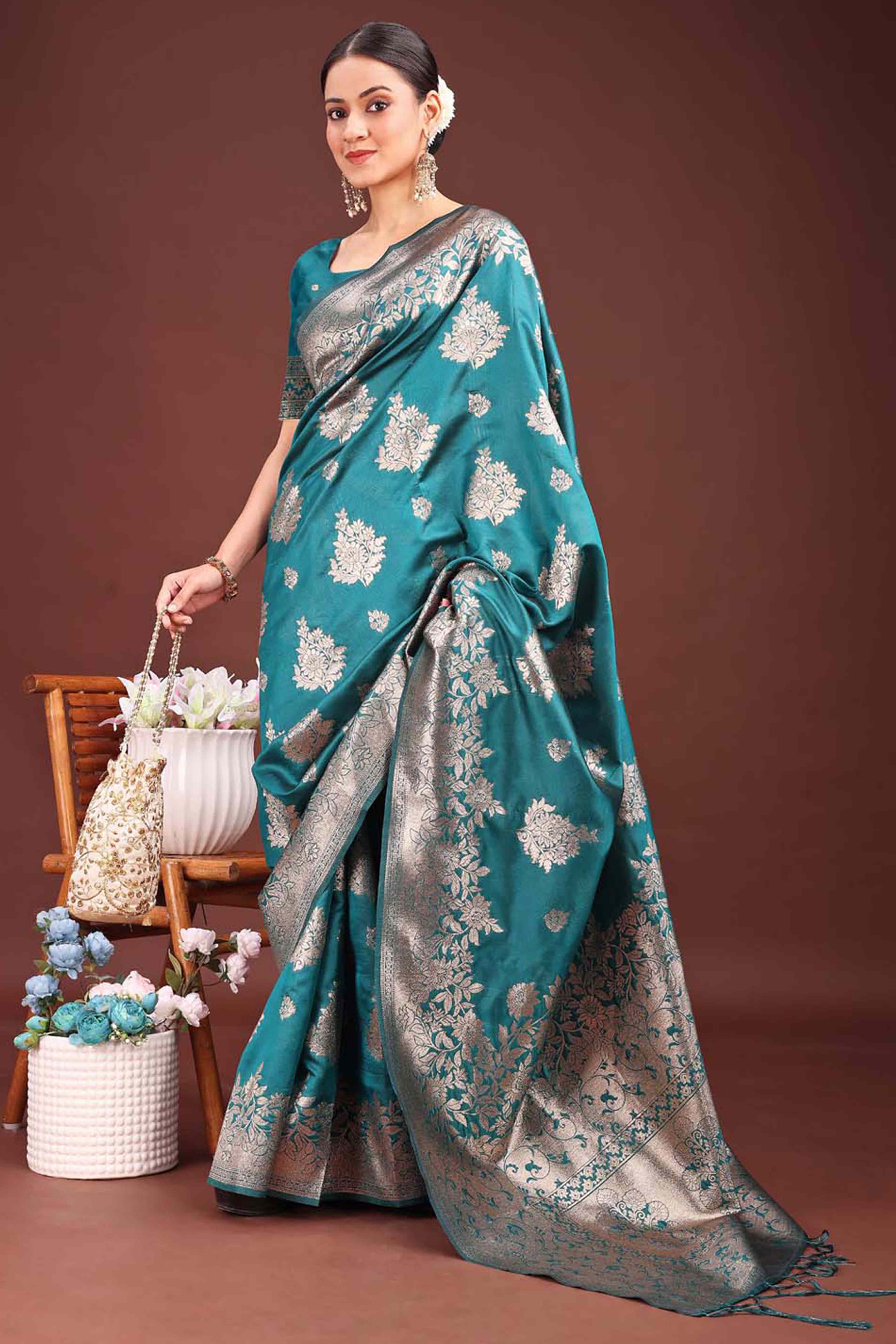 Rama Blue Banarasi Silk Saree With Floral Zari Weaving & Elegant Tassels