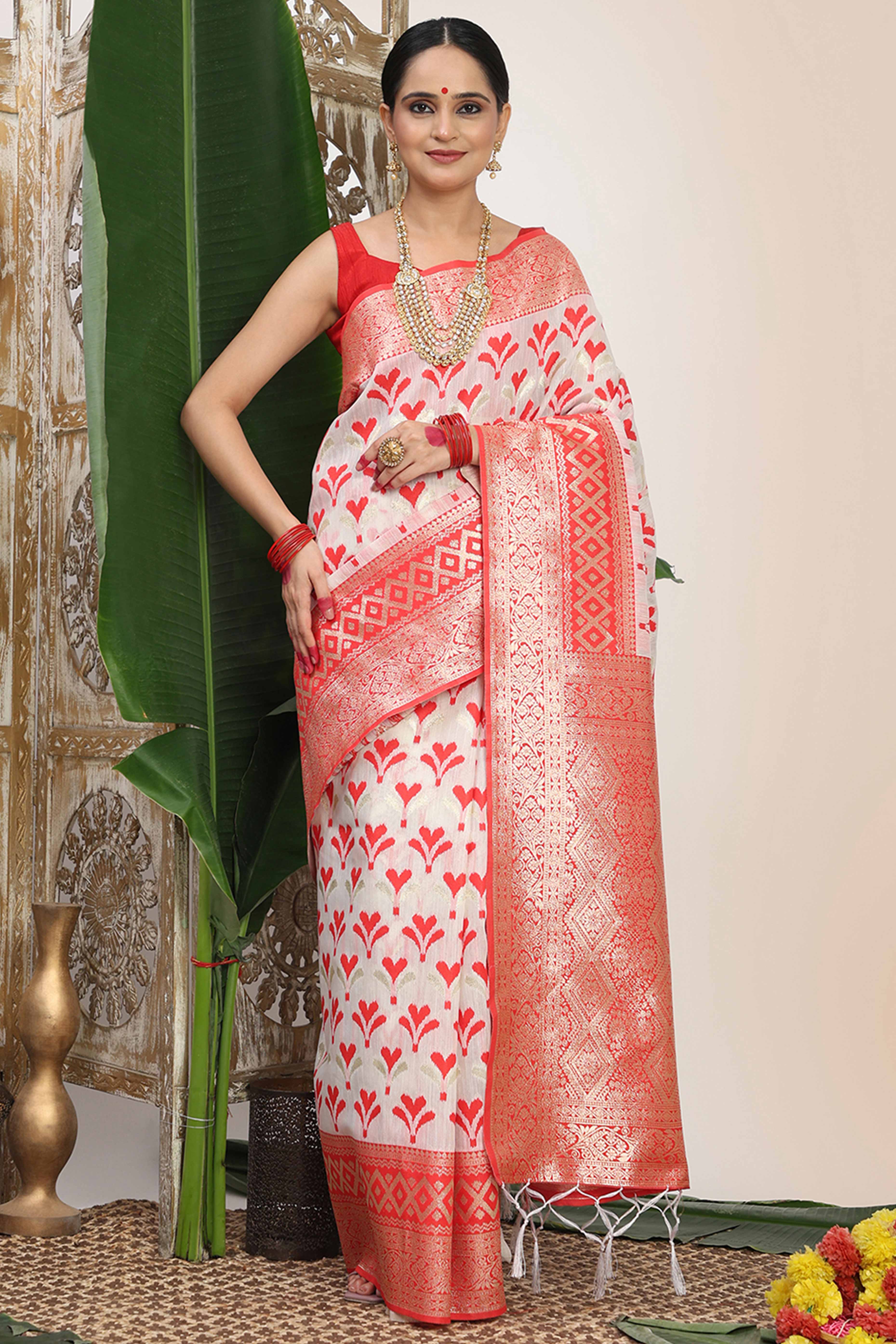 White & Red Fusion Linen Cotton Saree With Classic Zari Weaving And Soft Tassel Accents