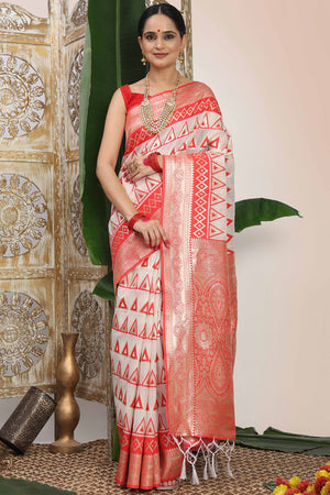 Traditional White & Red Linen Cotton Saree With Intricate Zari Weaving Work And Tassel Pallu