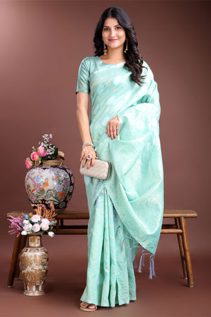 Sea Green Zari Woven Linen Cotton Saree with Graceful Tassels