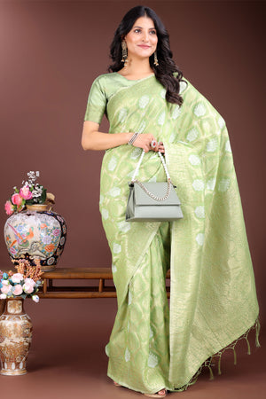 Light Green Zari Woven Linen Cotton Saree with Graceful Tassels