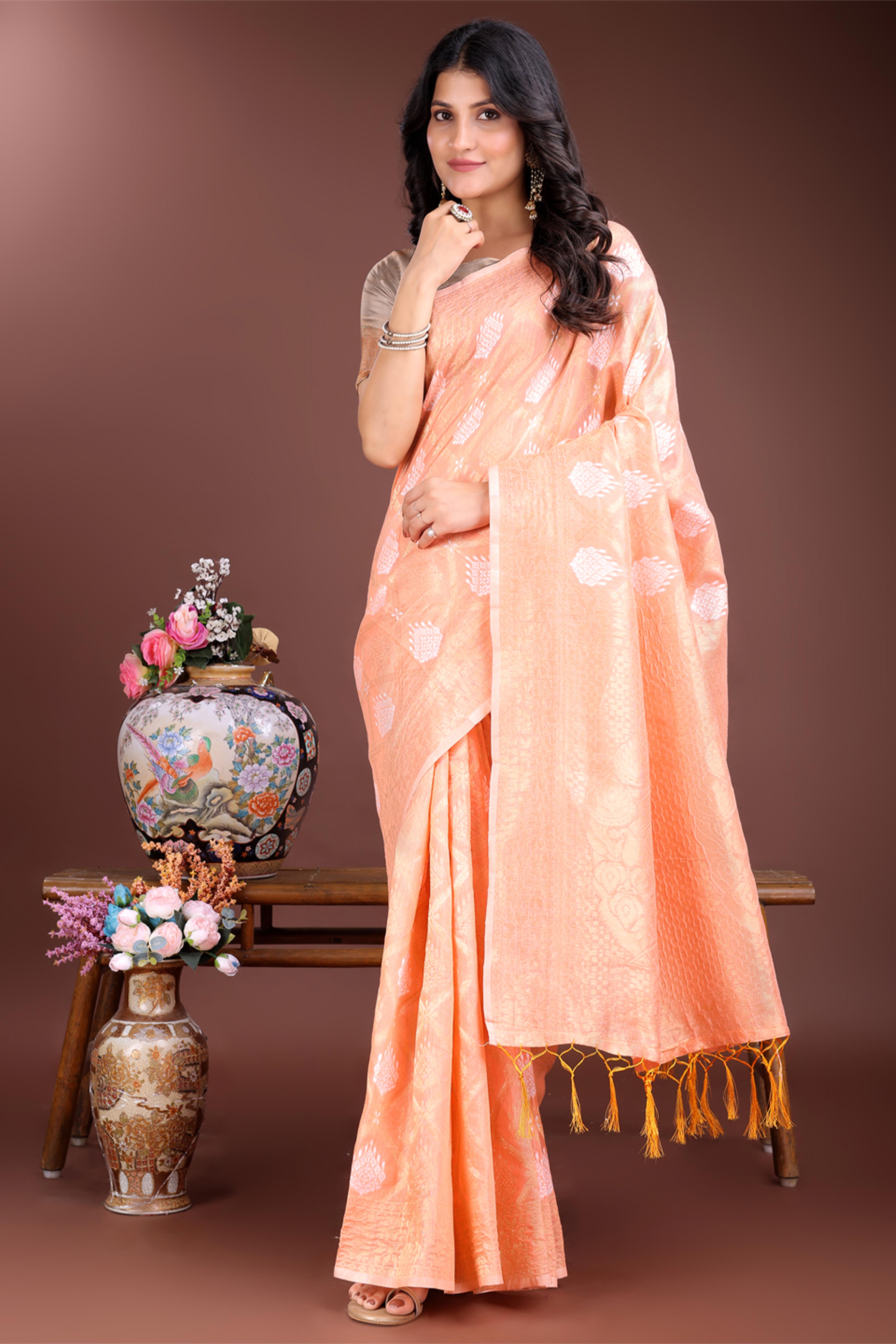 Orange Zari Woven Linen Cotton Saree with Graceful Tassels