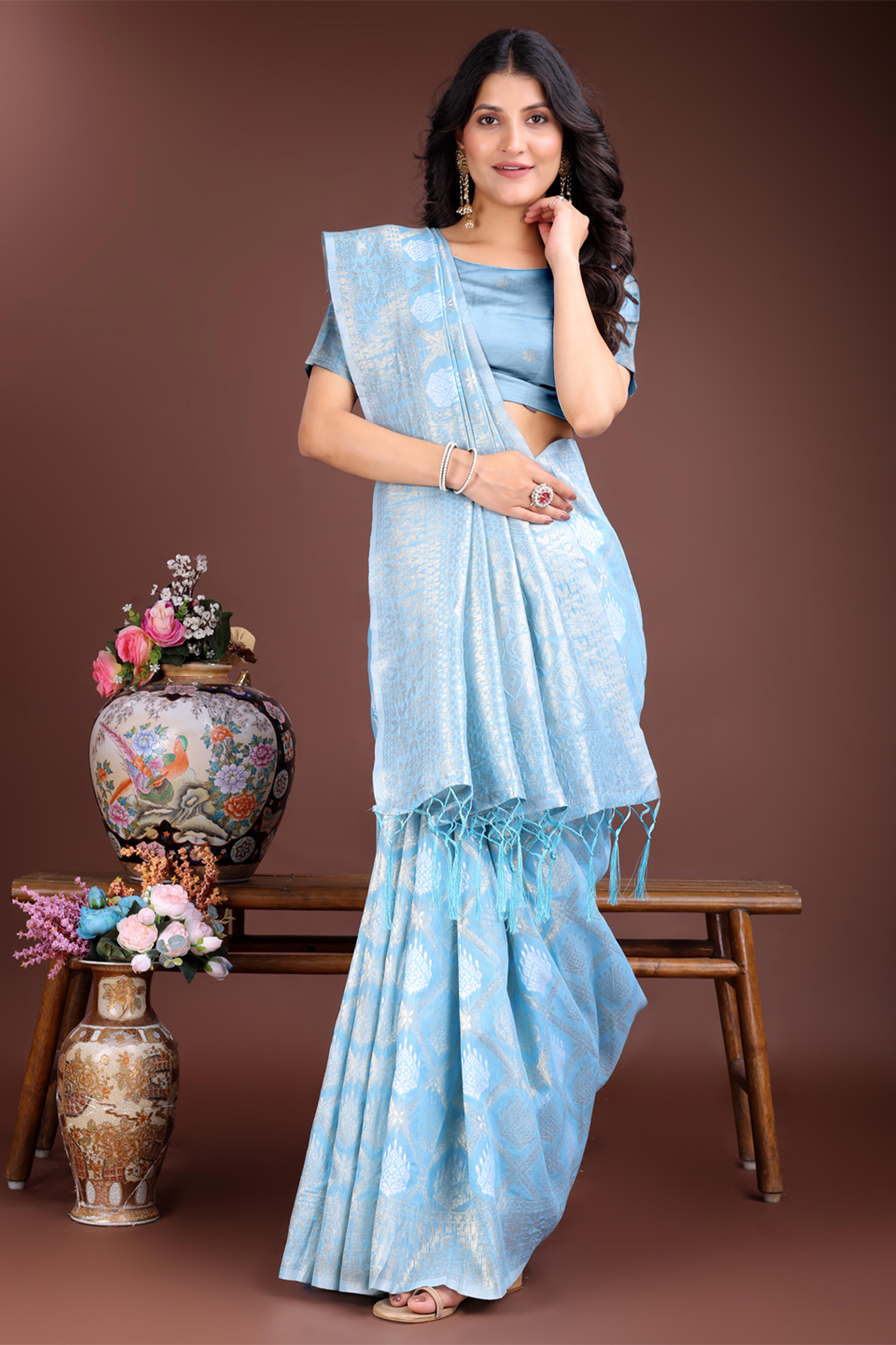 Sky Blue Zari Woven Linen Cotton Saree with Graceful Tassels