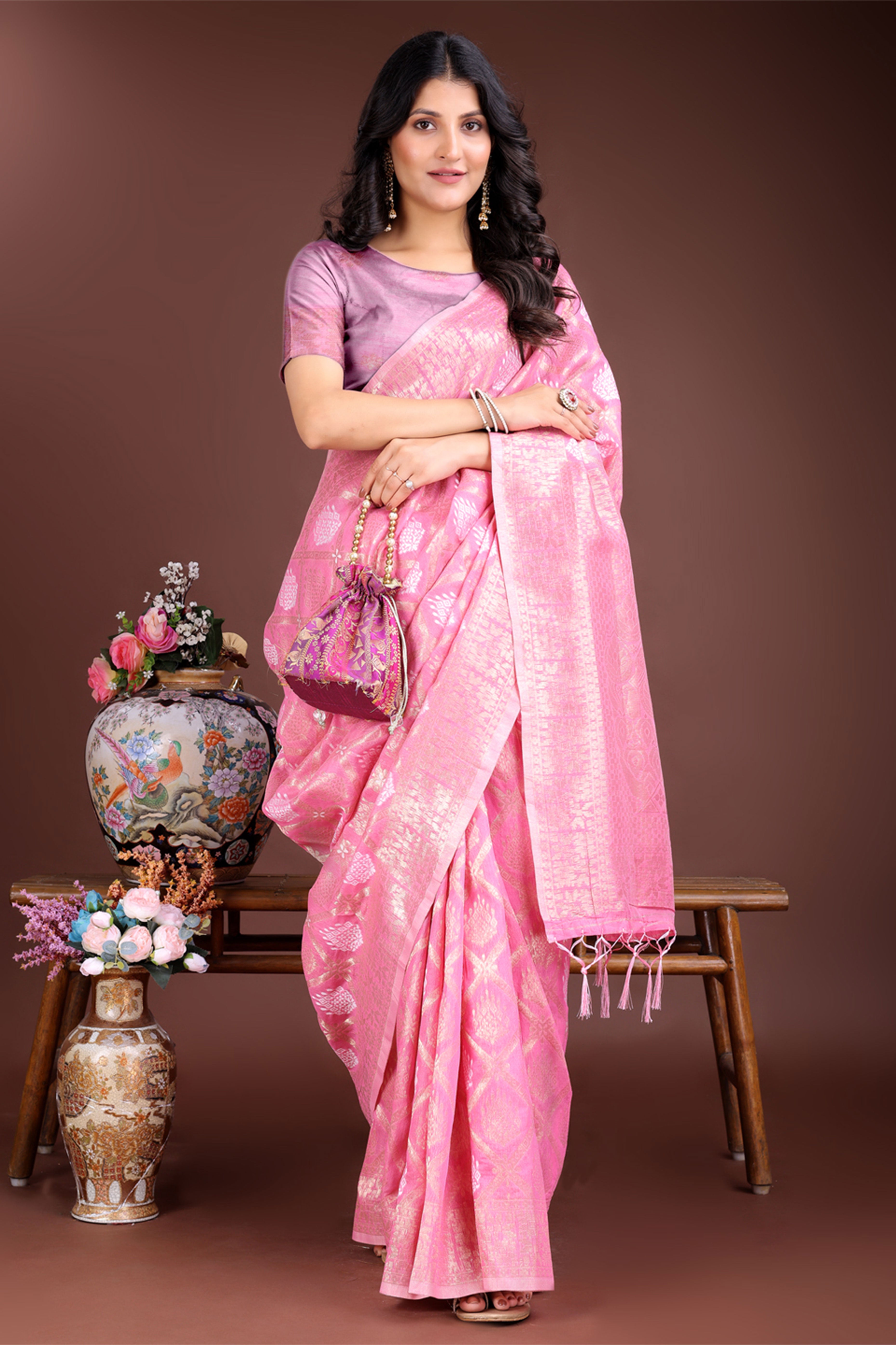 Pink Zari Woven Linen Cotton Saree with Graceful Tassels
