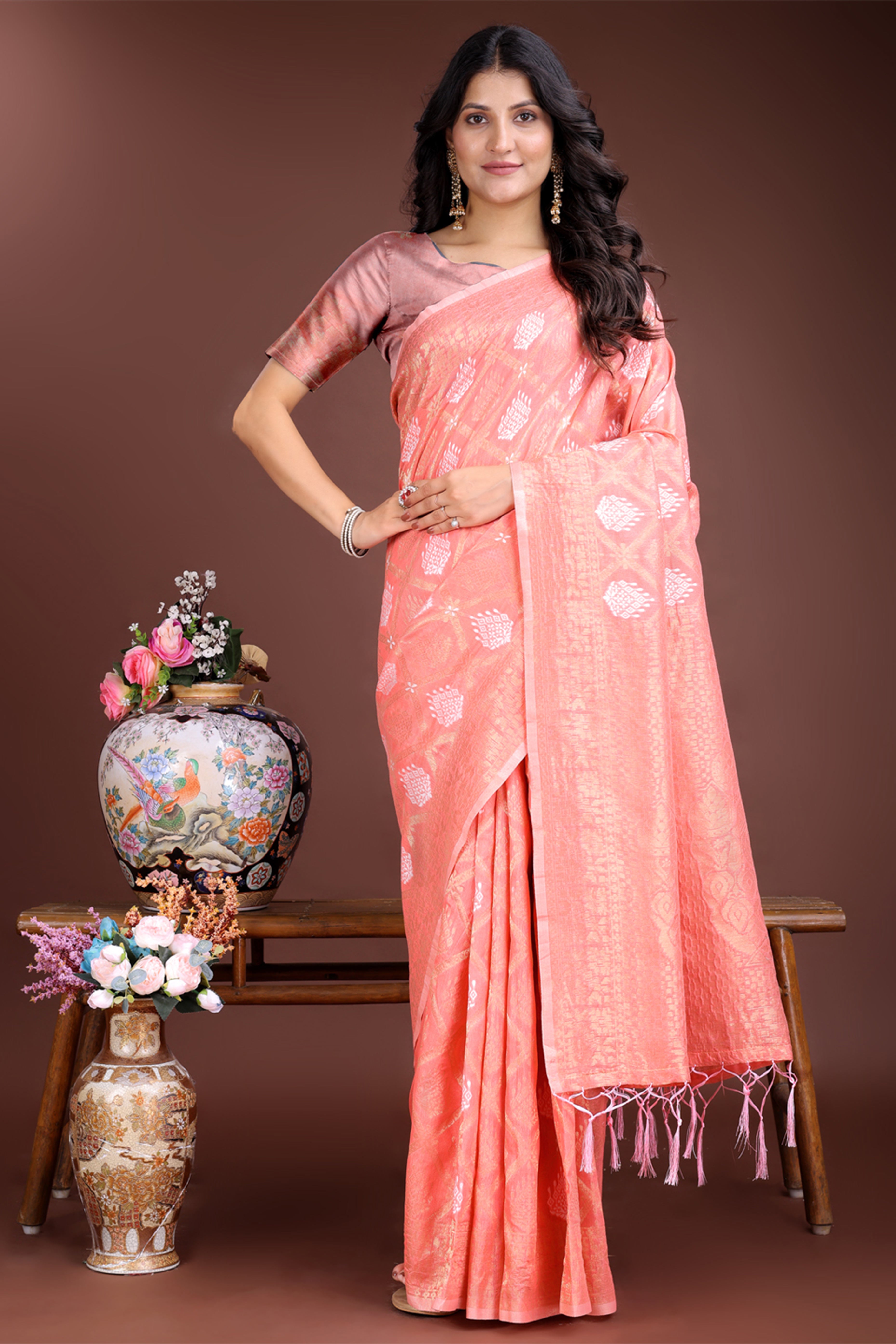 Peach Zari Woven Linen Cotton Saree with Graceful Tassels