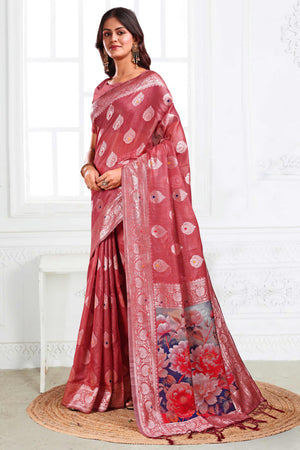 Deep Rose Pink Linen Cotton Silk Saree Adorned With Intricate Floral Zari Weaving & Tassel Pallu