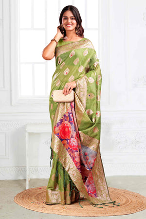 Green Linen Cotton Silk Saree Adorned With Intricate Floral Zari Weaving & Tassel Pallu