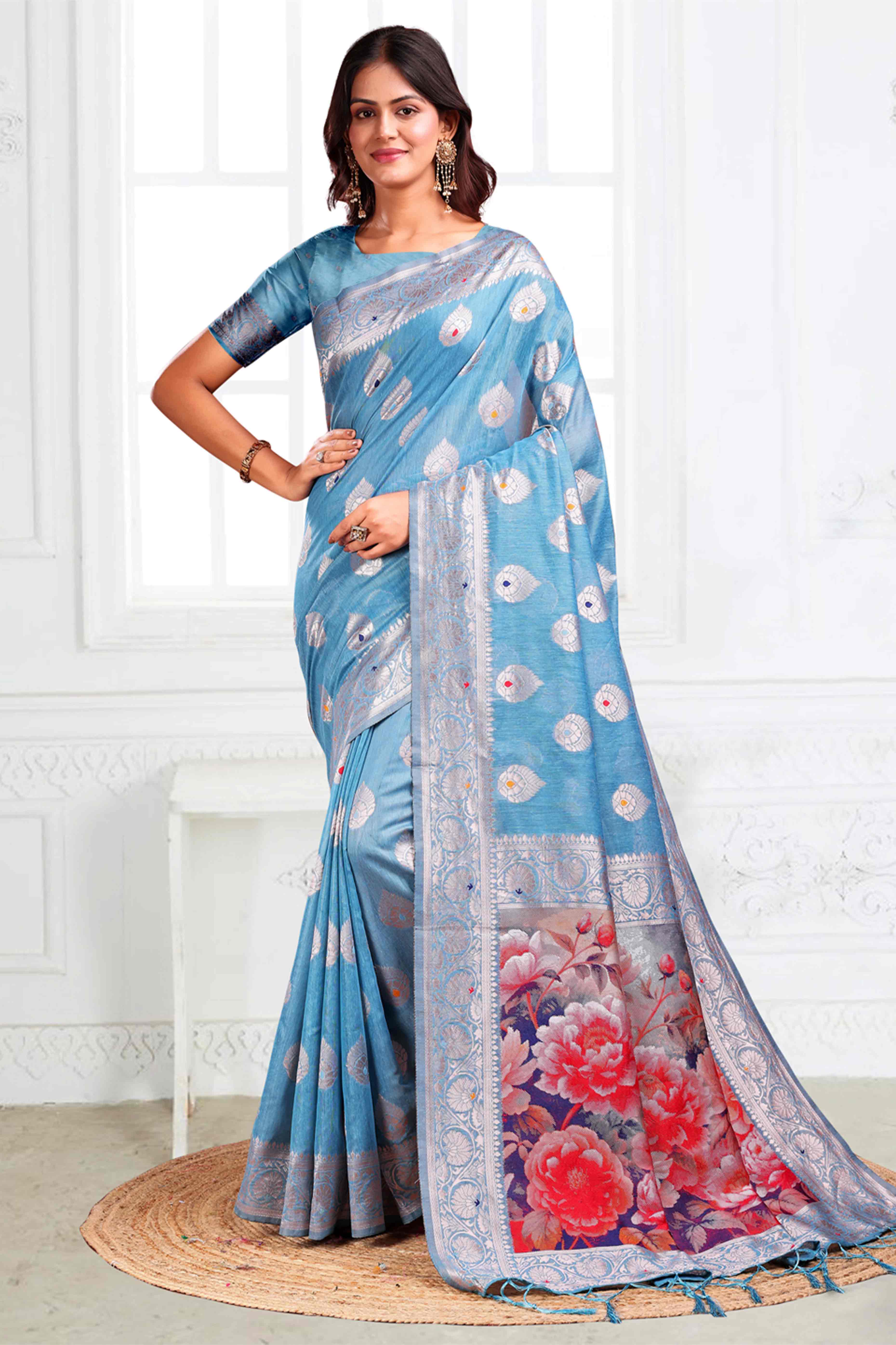 Sky Blue Linen Cotton Silk Saree Adorned With Intricate Floral Zari Weaving & Tassel Pallu