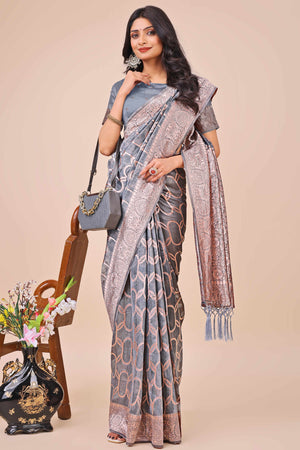 Grey Linen Cotton Saree With Floral Zari Weaving & Delicate Tassel Border