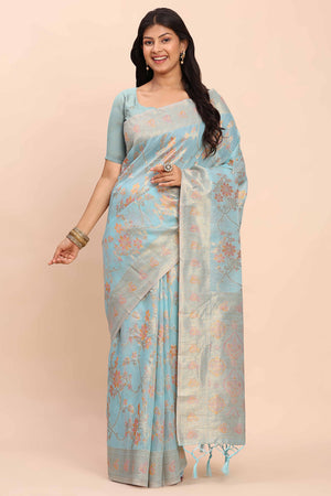 Sky Blue Linen Cotton Saree Showcasing Floral Zari Weaves & A Tasselled Finish Pallu