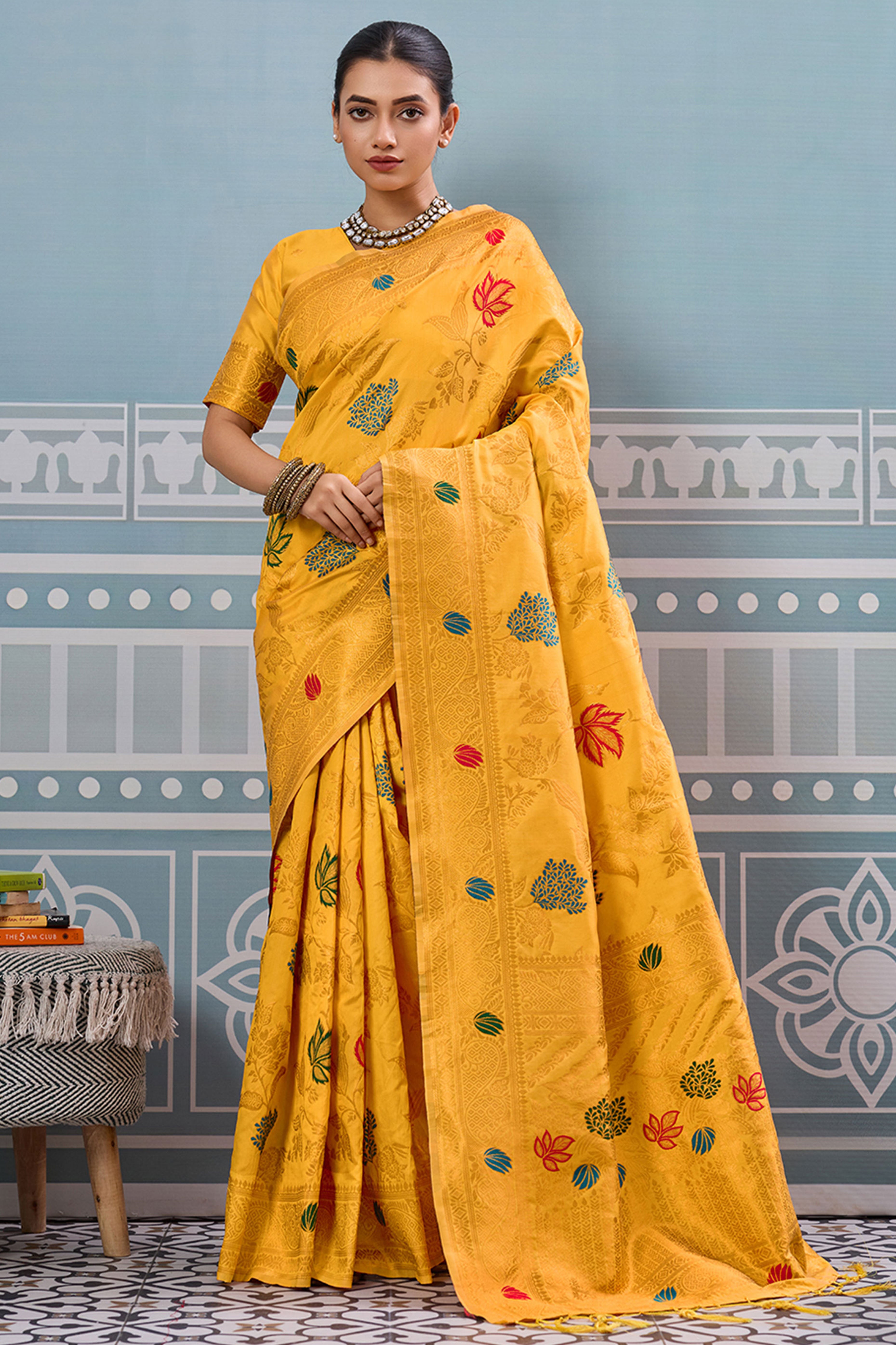 Radiant Yellow Silk Blend Saree Adorned With Intricate Floral Zari Weaving & Tassel Pallu