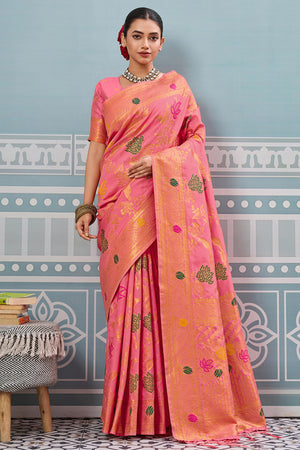 Radiant Pink Silk Blend Saree Adorned With Intricate Floral Zari Weaving & Tassel Pallu