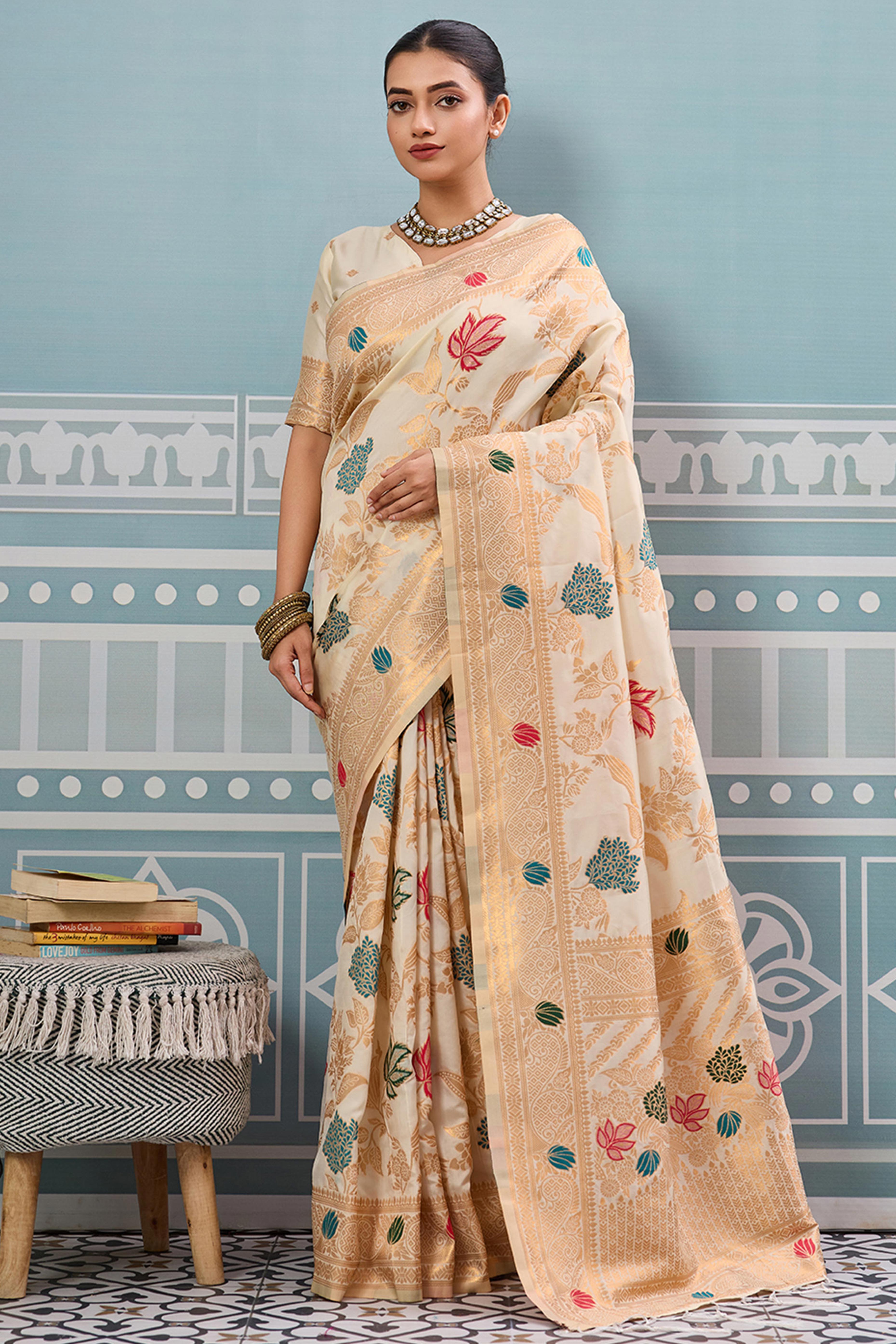 Radiant Cream Silk Blend Saree Adorned With Intricate Floral Zari Weaving & Tassel Pallu
