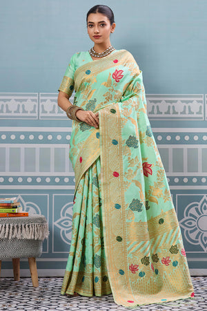 Radiant Sea Green Silk Blend Saree Adorned With Intricate Floral Zari Weaving & Tassel Pallu
