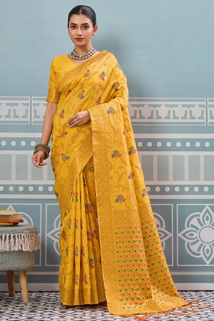 Majestic Bloom Yellow Floral Zari Weaving Silk Blend Saree With Elegant Tassel Pallu