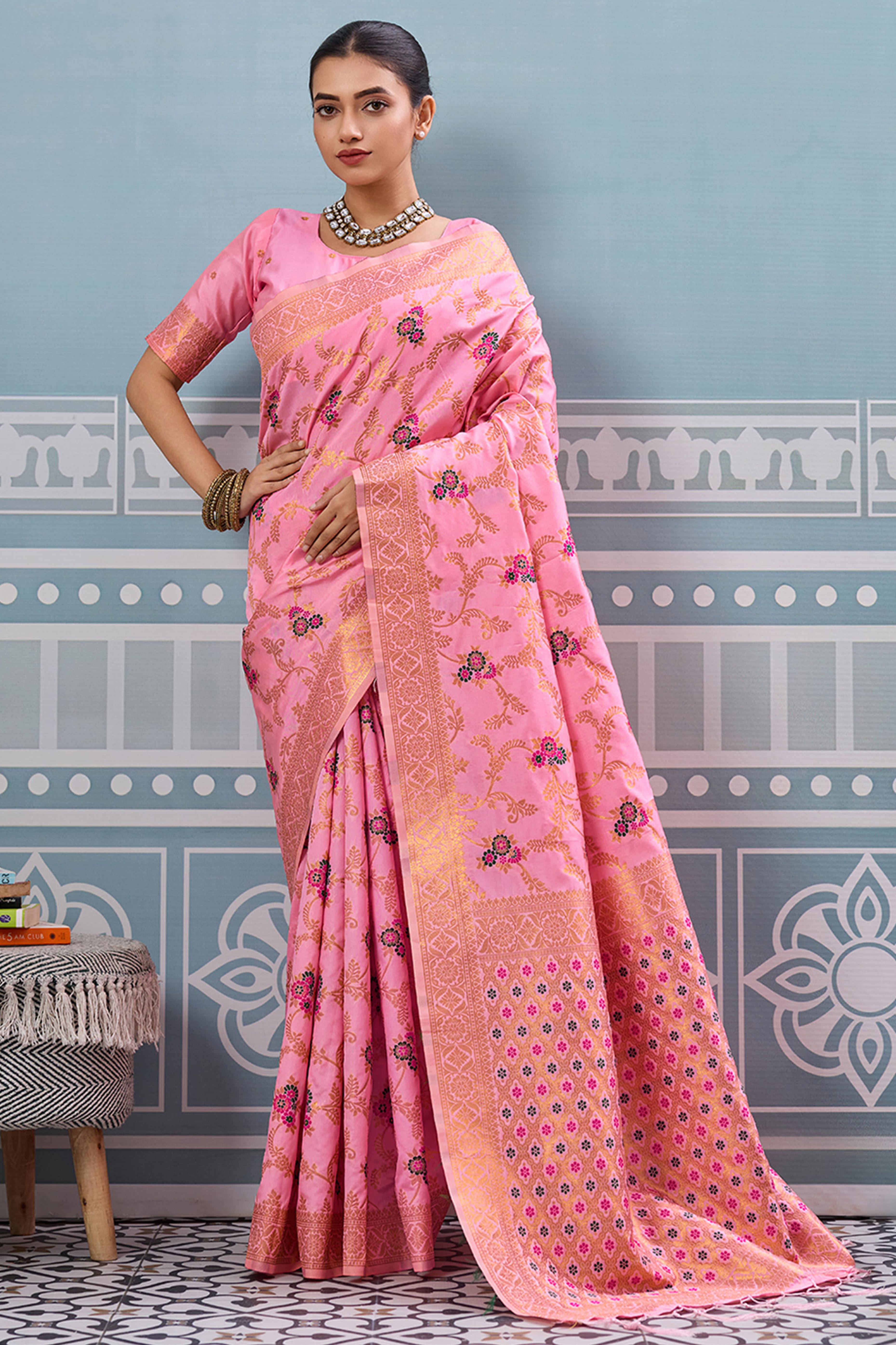 Majestic Bloom Light Pink Floral Zari Weaving Silk Blend Saree With Elegant Tassel Pallu