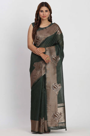 Linen Cotton Saree in Dark Green Hue Featuring Rich Zari Weaving