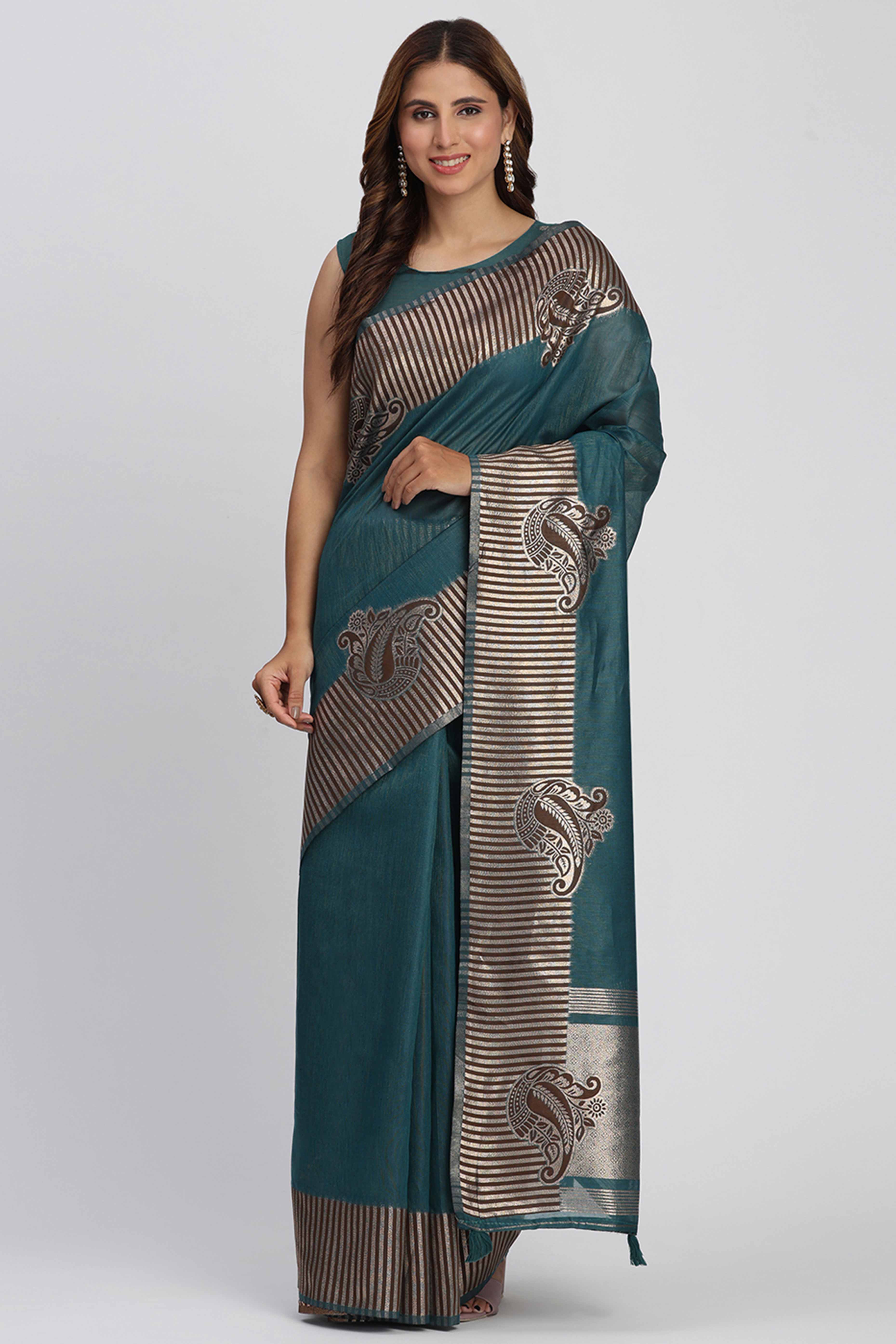 Linen Cotton Saree in Teal Hue Featuring Rich Zari Weaving