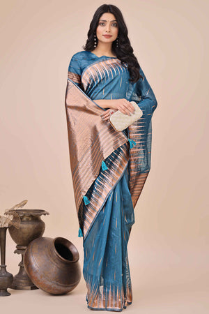 Blue Saree In Linen Cotton With Exquisite Zari Weaving & Subtle Tassel Border