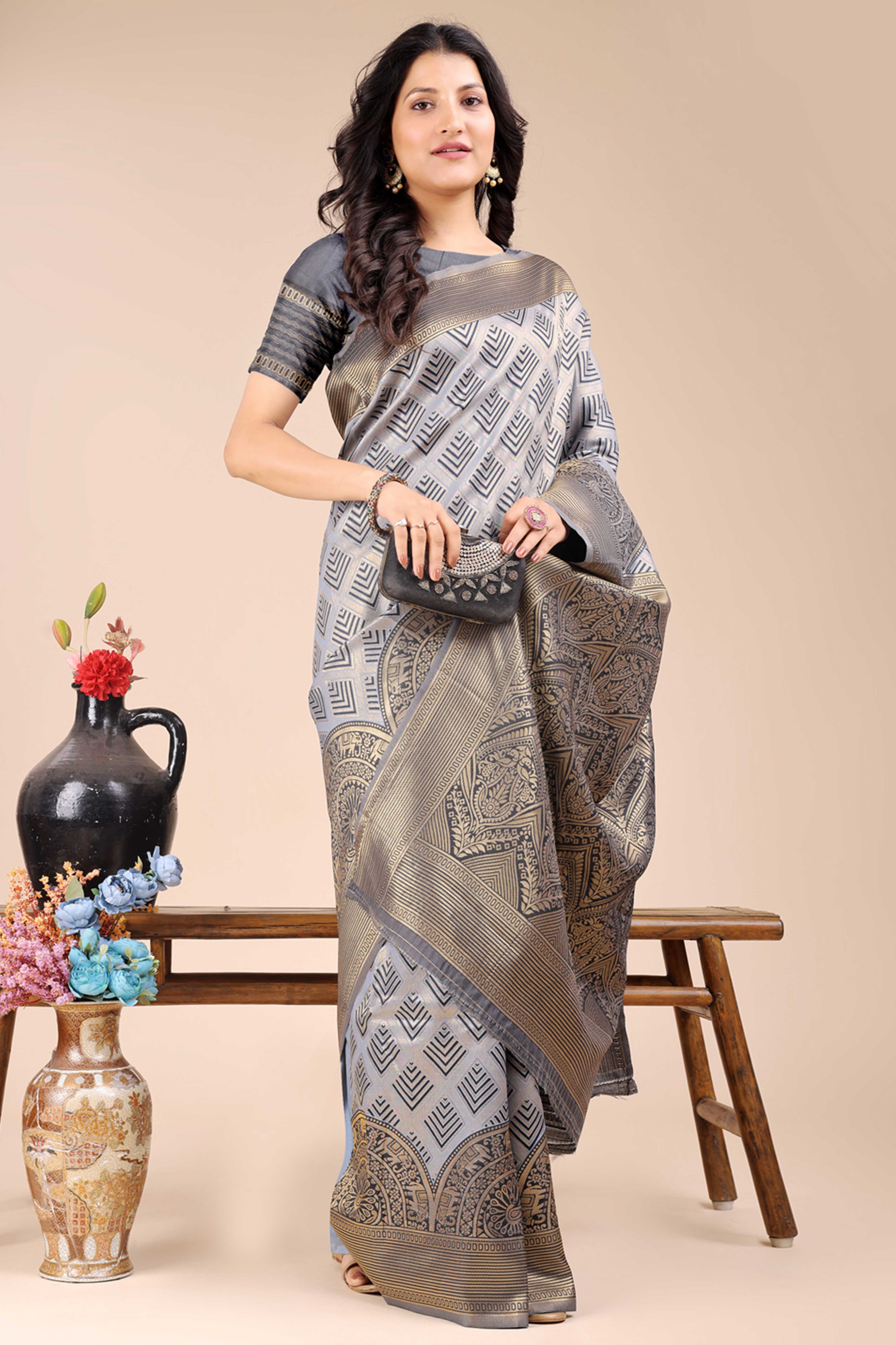 Grey Zari Woven Banarasi Silk Saree with Luxurious Detailing
