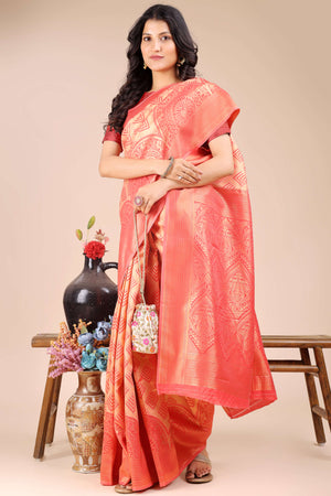 Peach Zari Woven Banarasi Silk Saree with Luxurious Detailing