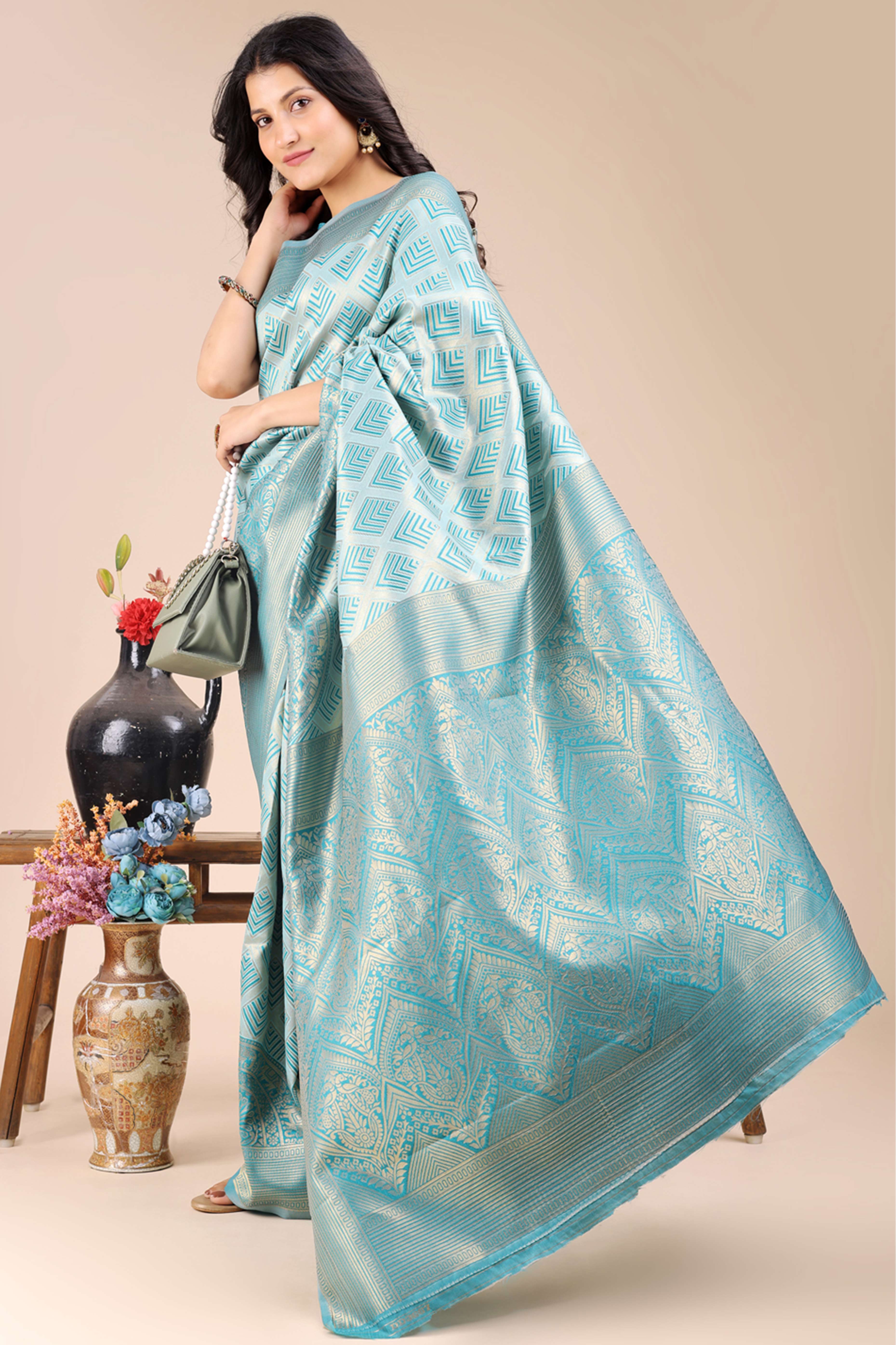 Aqua Blue Zari Woven Banarasi Silk Saree with Luxurious Detailing