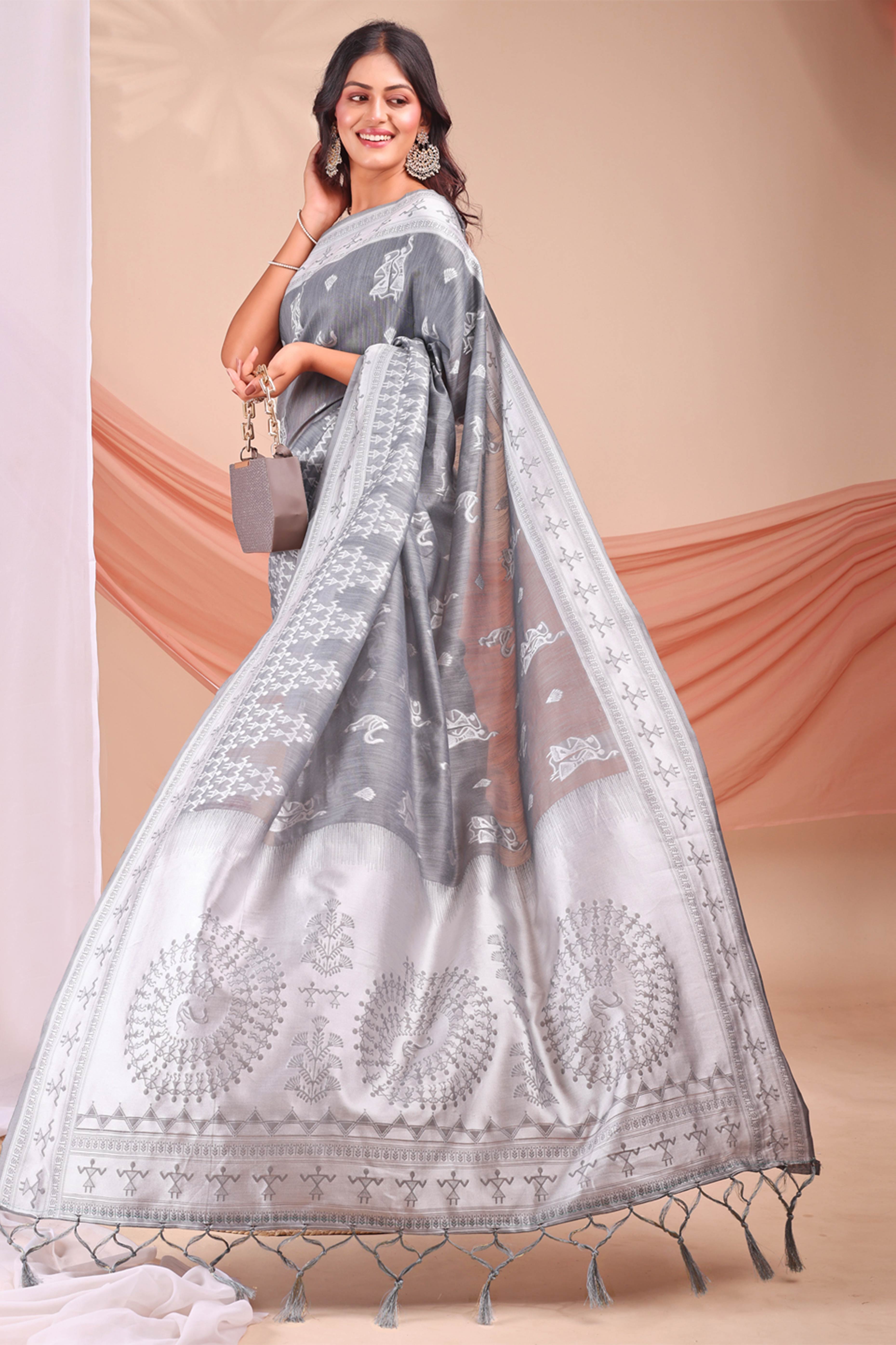 Grey Ethnic Saree in Soft Linen Cotton Fabric Featuring Warli Art Weaving