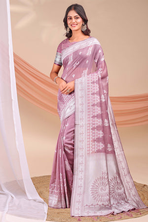 Mauve Ethnic Saree in Soft Linen Cotton Fabric Featuring Warli Art Weaving