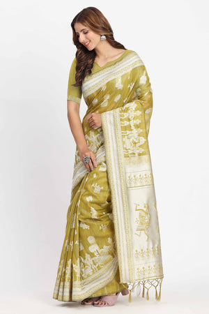 Green Linen Cotton Saree Showcasing Traditional Warli Motifs In Zari Weaving With Tassel Pallu