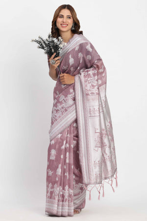 Mauve Linen Cotton Saree Showcasing Traditional Warli Motifs In Zari Weaving With Tassel Pallu