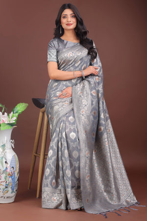 Grey Cotton Blend Saree with Banarasi Style Floral Weaving and Tassels