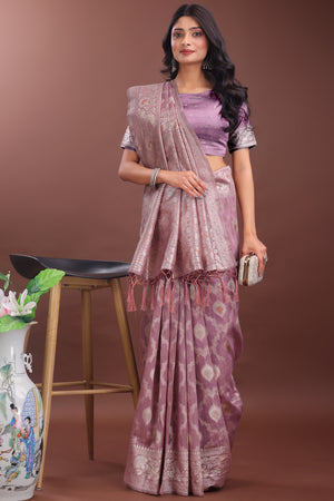 Dusty Mauve Cotton Blend Saree with Banarasi Style Floral Elegance and Tassels