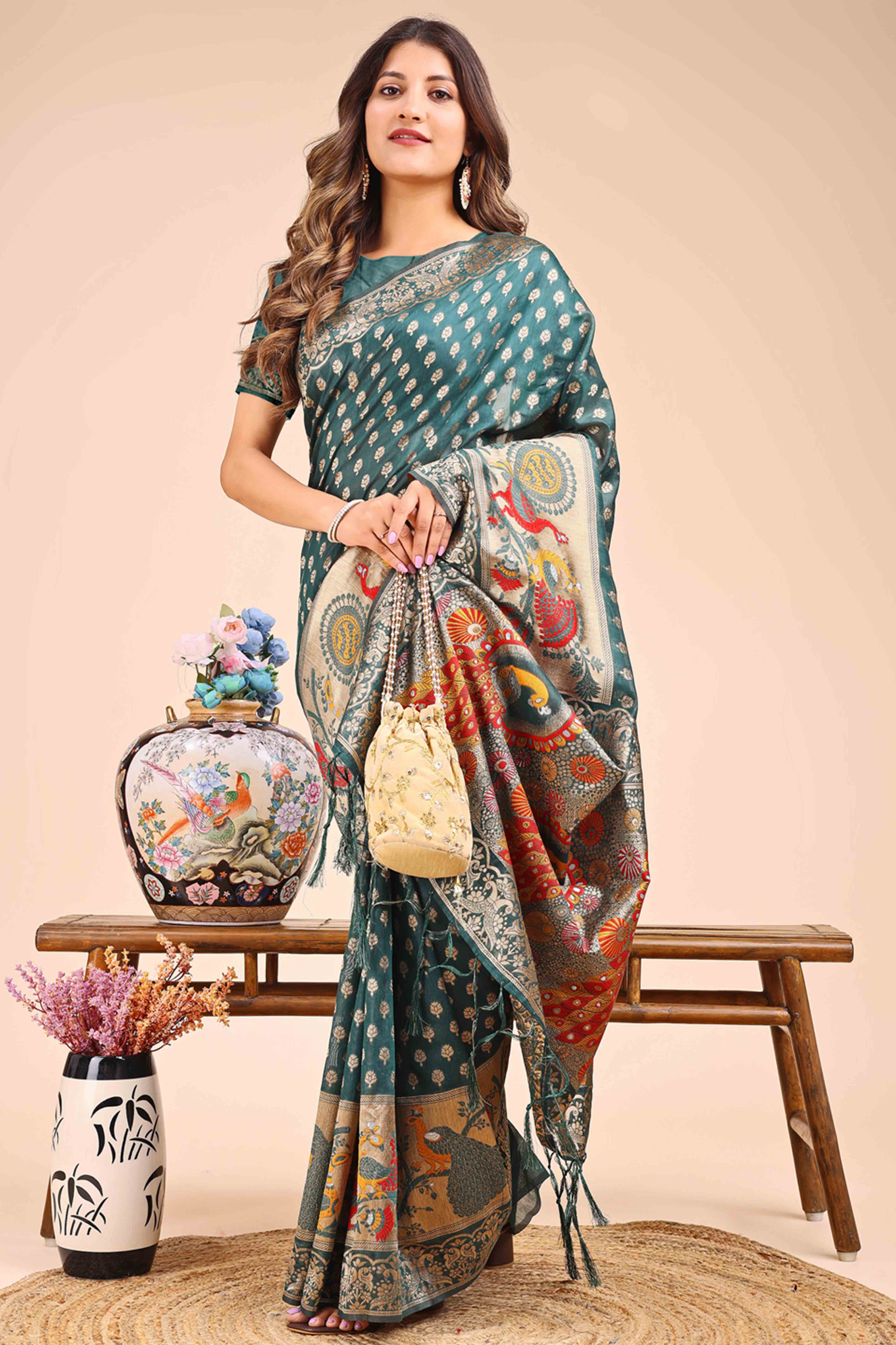 Green Floral Zari Weaving Embellished Linen Cotton Saree With Tassel Accents