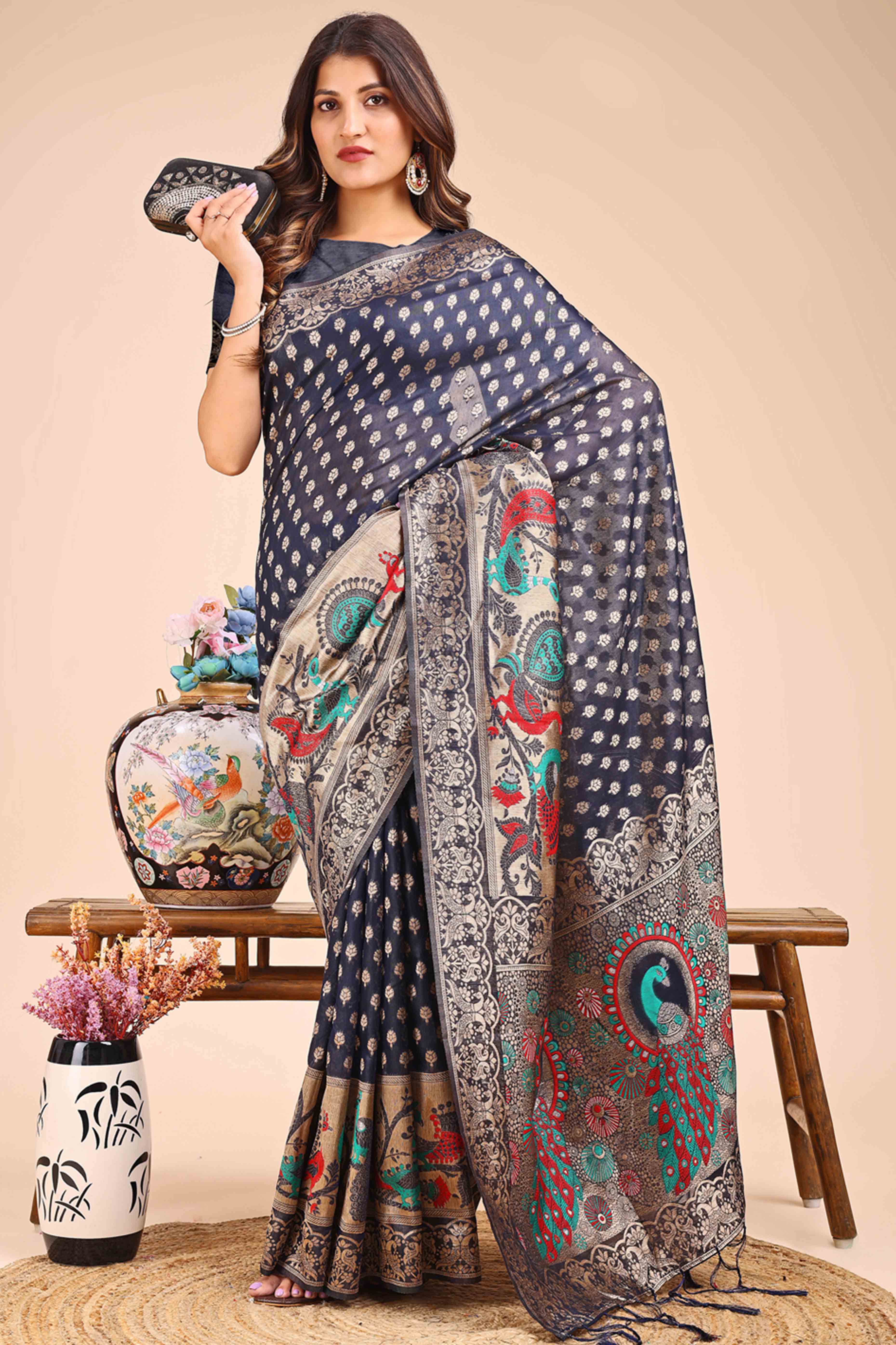 Navy Blue Floral Zari Weaving Embellished Linen Cotton Saree With Tassel Accents