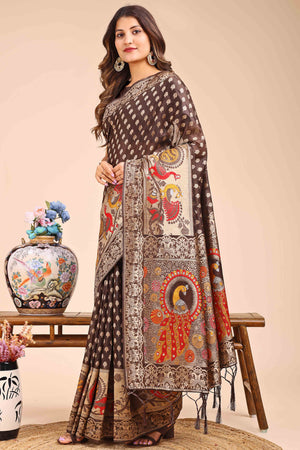Brown Floral Zari Weaving Embellished Linen Cotton Saree With Tassel Accents