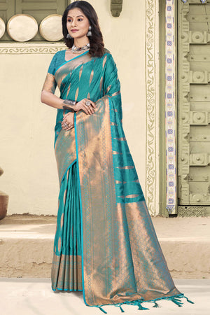 Regal Teal Blue Silk Blend Saree Enhanced With Floral Zari Work & Tassel Finish