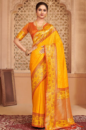 Elegant Yellow Floral Zari Weaving Silk Blend Saree With Tassel Pallu