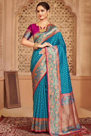 Elegant Blue Floral Zari Weaving Silk Blend Saree With Tassel Pallu