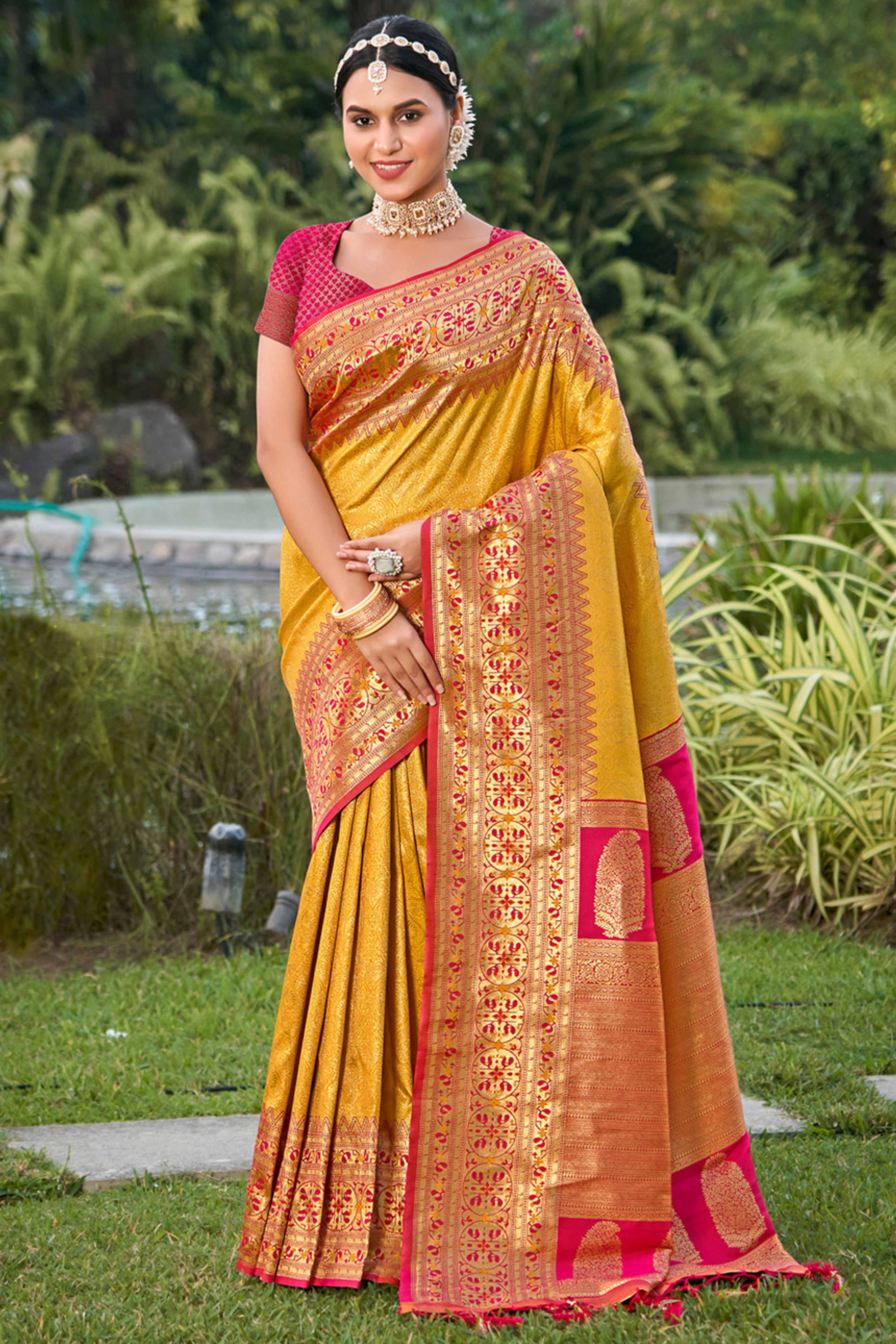 Yellow Floral Zari Woven Saree In Banarasi Silk With Delicate Tassel Accents Pallu