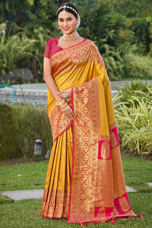 Yellow Floral Zari Woven Saree In Banarasi Silk With Delicate Tassel Accents Pallu