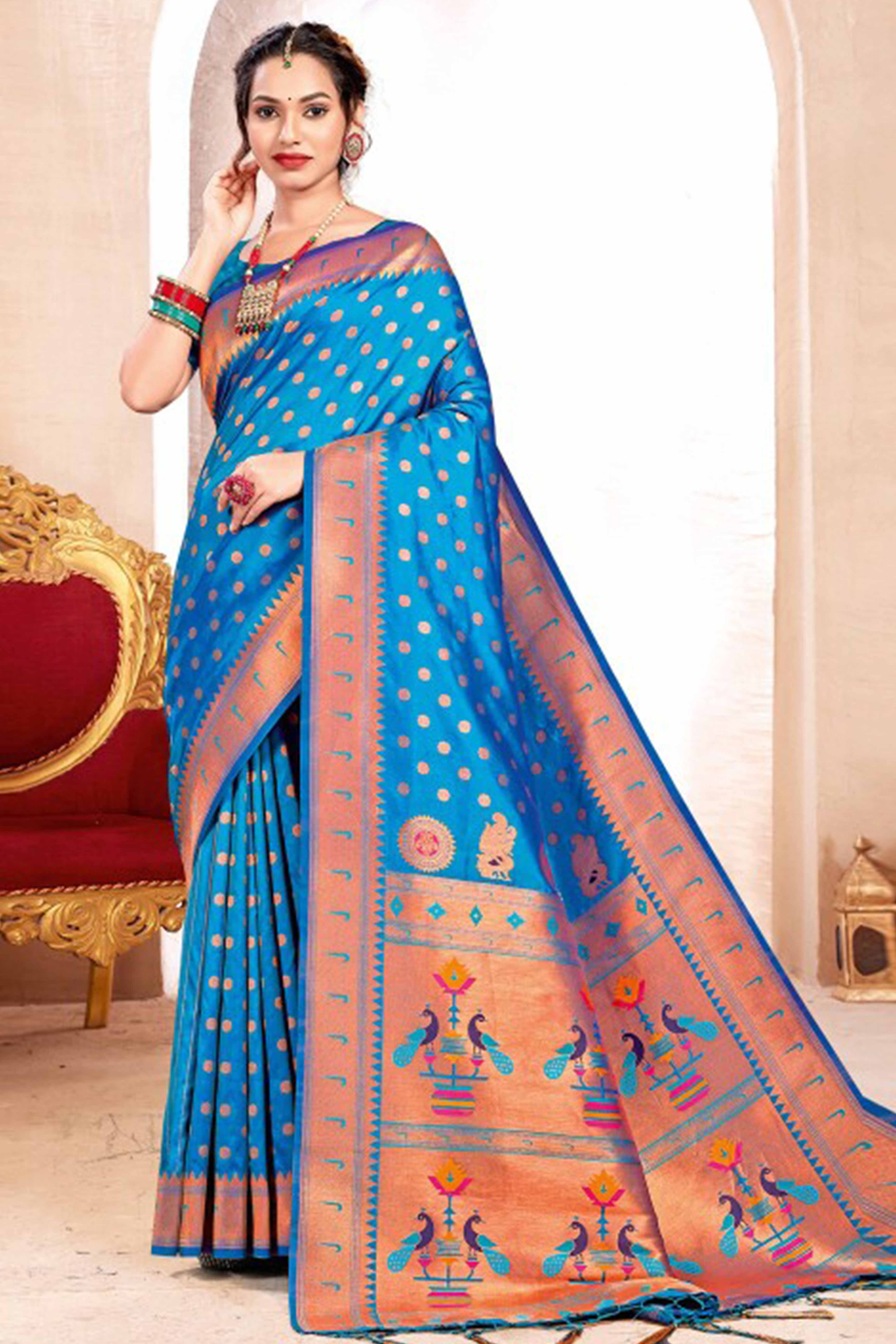 Blue Floral Zari Weaving Paithani Saree In Lustrous Banarasi Silk With Tassel Pallu